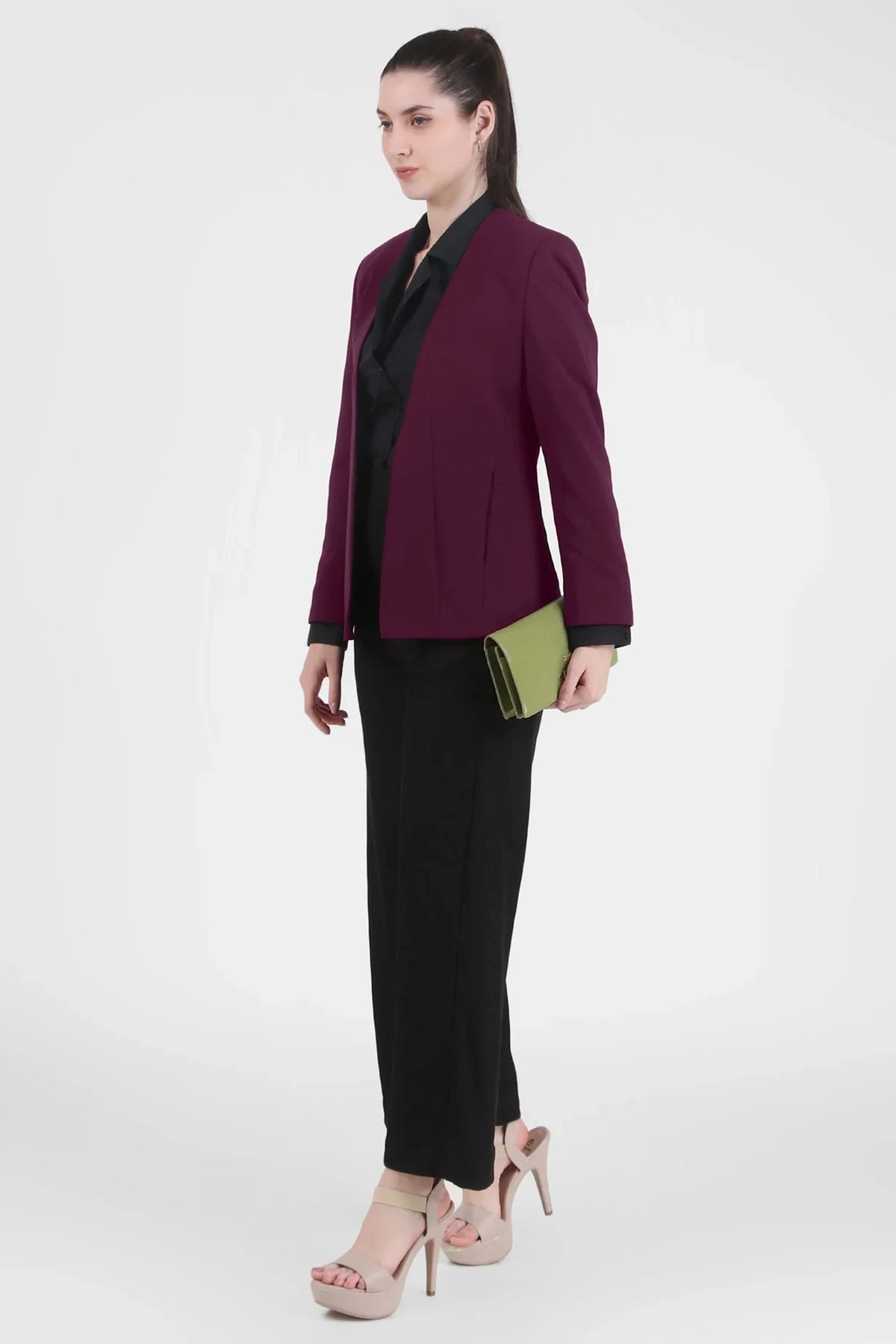 Front Open Style Stretch Crepe Blazer, Plum