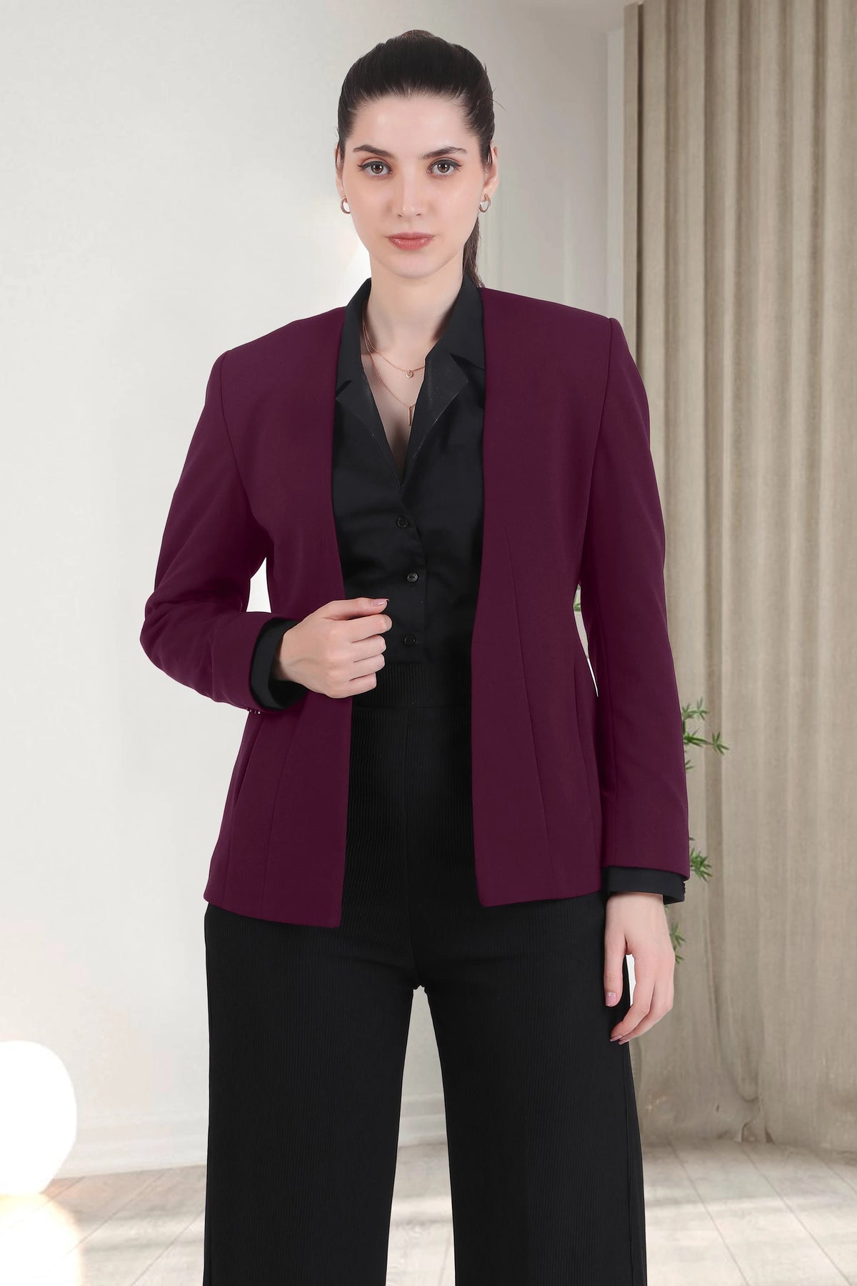 Front Open Style Stretch Crepe Blazer, Plum